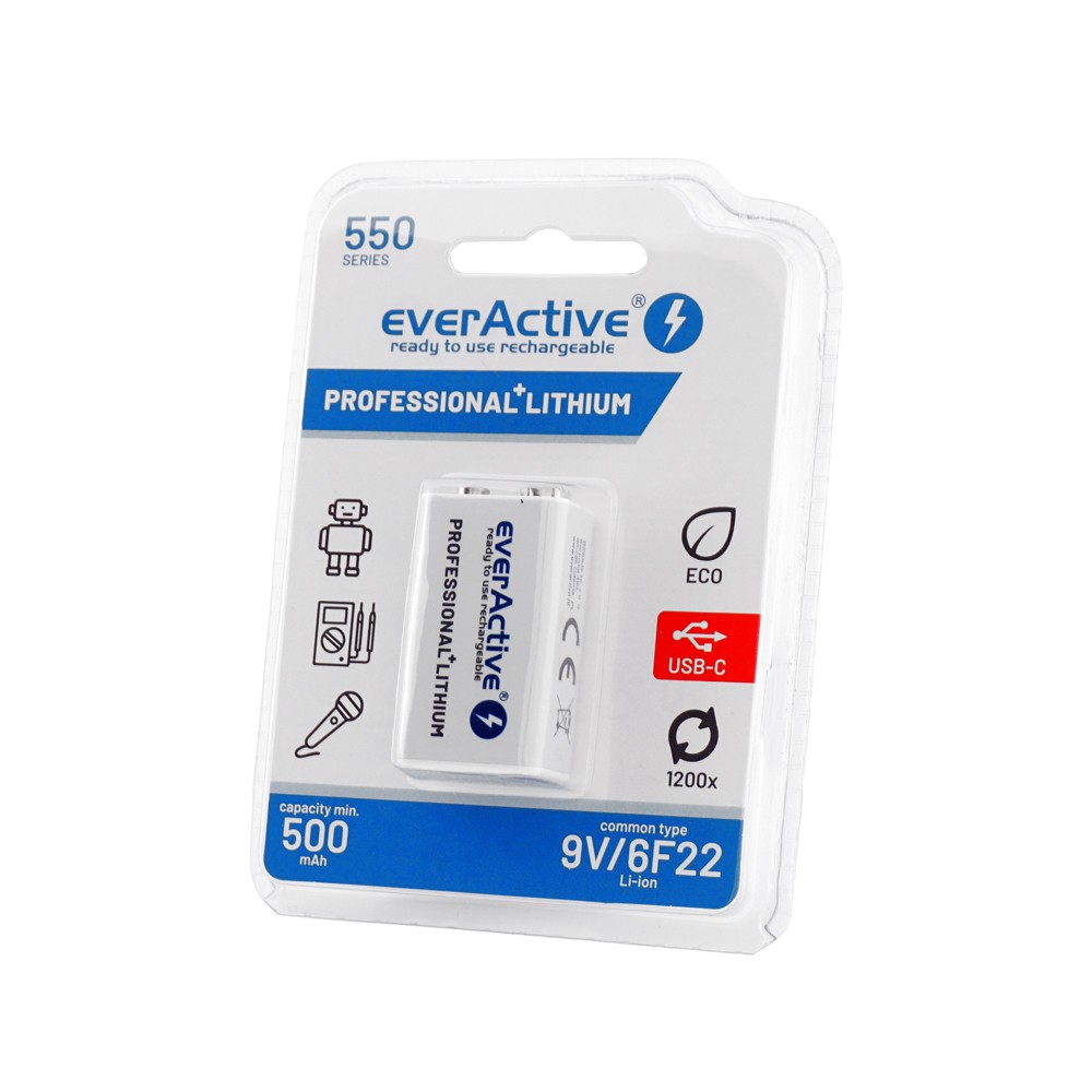 Akumulator Li-ion 9V EverActive 550 mAh 6f22 z ładowaniem USB-C